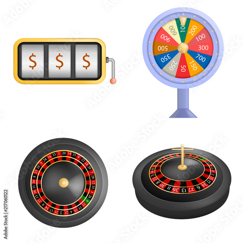 Roulette wheel fortune spin game mockup set. Realistic illustration of 4 roulette wheel fortune spin game mockups for web