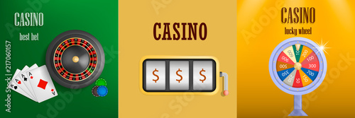 Roulette wheel fortune spin game banner concept set. Realistic illustration of 3 roulette wheel fortune spin game banner horizontal concepts for web