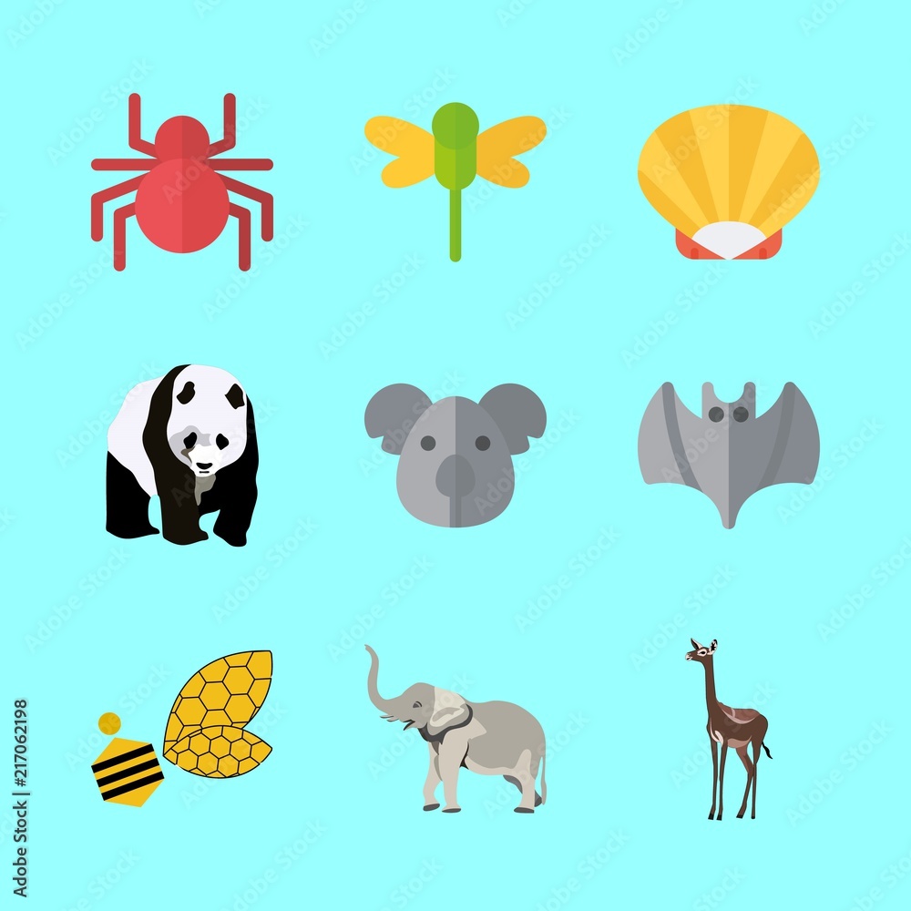 Naklejka premium animal vector icons set. gazelle, panda, shell and elephant in this set