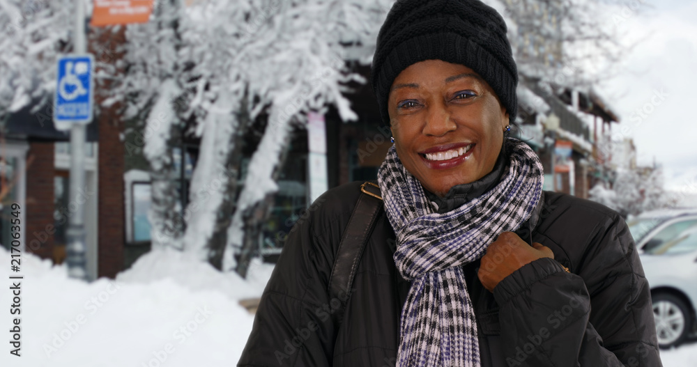 Senior African American woman enjoys winter day outside Senior African American woman enjoys winter day outside