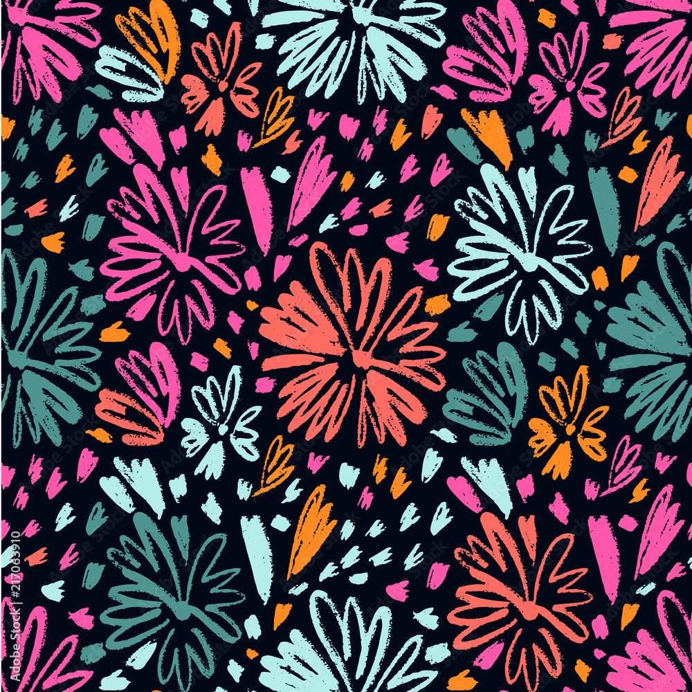 Vector seamless pattern with hand drawing wild plants, herbs and flowers, colorful botanical illustration, floral elements, hand drawn repeatable background. Artistic backdrop.