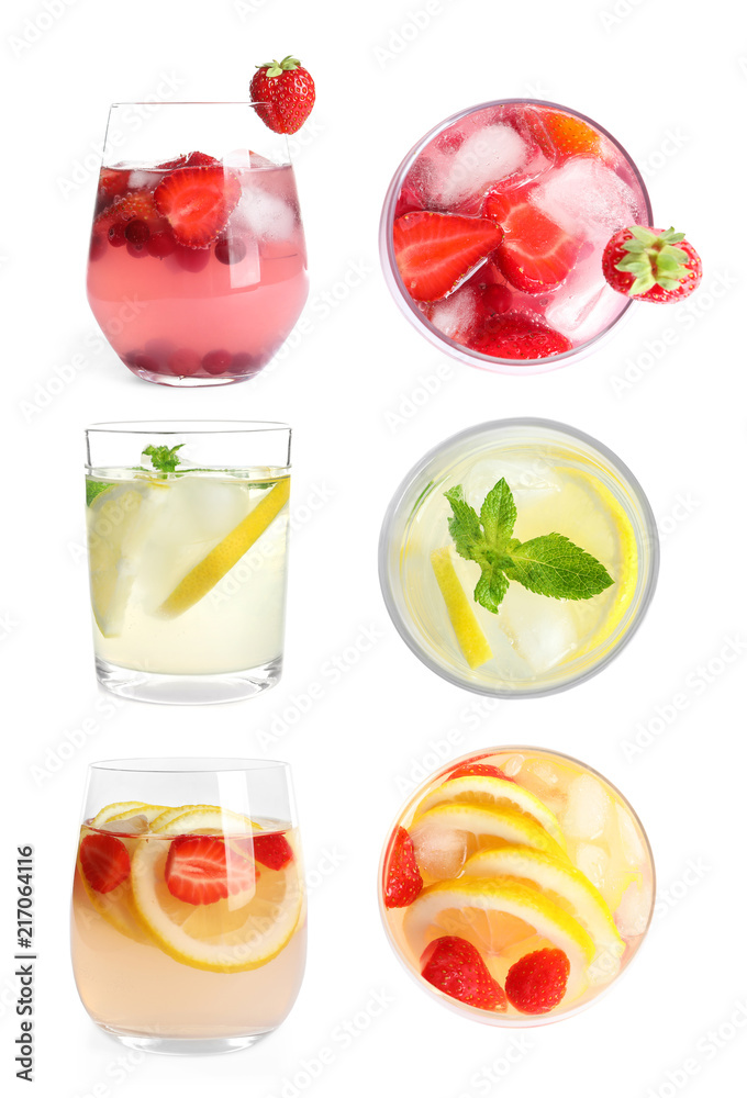 Set with fresh lemonade on white background
