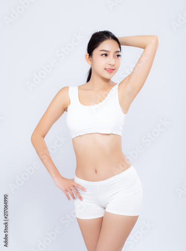 Portrait young asian woman smiling beautiful body diet with fit isolated on white background, model girl weight slim with cellulite or calories, health and wellness concept.