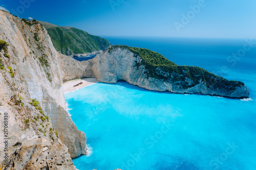 Fototapeta Naklejka Na Ścianę i Meble -  Navagio beach Zakynthos. Shipwreck bay with turquoise water and white sand beach. Famous marvel landmark location in Greece