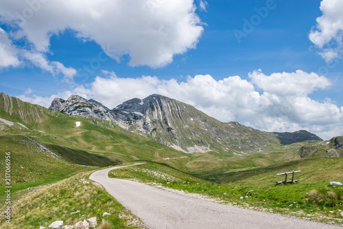 View of the picturesque Prutash mountain with snow strips.