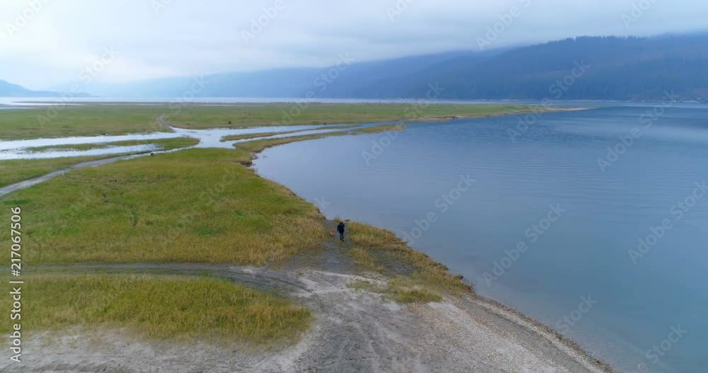 Man walking with his dog near lakeside 4k Man walking with his dog near lakeside 4k