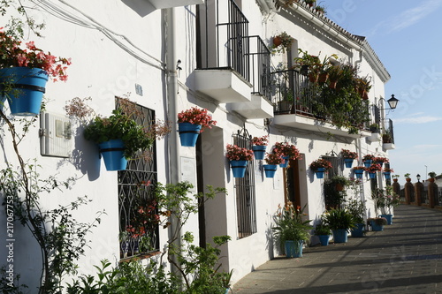 Fototapeta Naklejka Na Ścianę i Meble -  Weiße Dörfer in Andalusien mit blauen Blumentöpfen