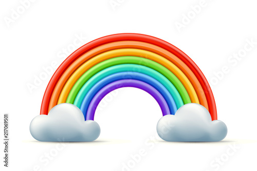 Vector multicolor 3d style illustration of rainbow and two clouds. Plasticine or clay abstract background or design element.