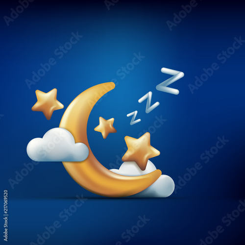 Vector 3d style illustration of golden moon, stars and clouds on blue background. Sleeping concept. Night dream icons and design elements.