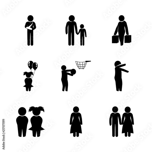 summer vector icons set. father and son, child playing basketball, husband and wife and girl in this set