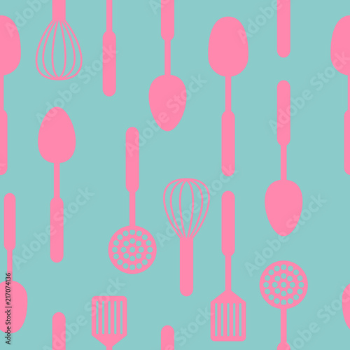 Pink Kitchen tools icon seamless pattern green background