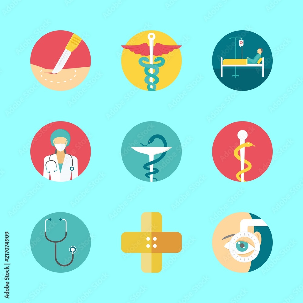 9 hospital icons vector set. band aid, ophthalmology, surgery and stethoscope
