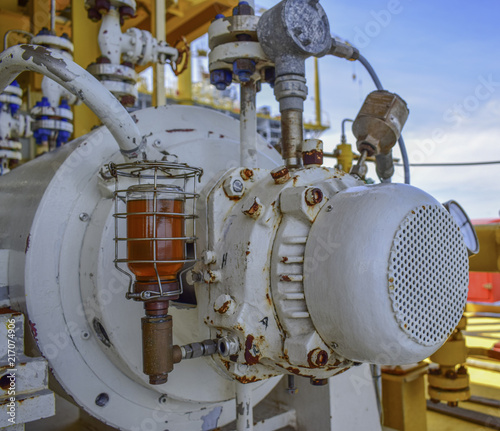 Temperature gauge,Temperature transmitter sensor and vibration sensor on NDE side of centrifugal pump.Color and black&white