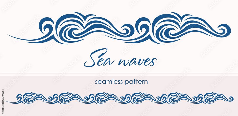 Marine seamless pattern with stylized waves on a light backgroun Marine seamless pattern with stylized waves on a light backgroun