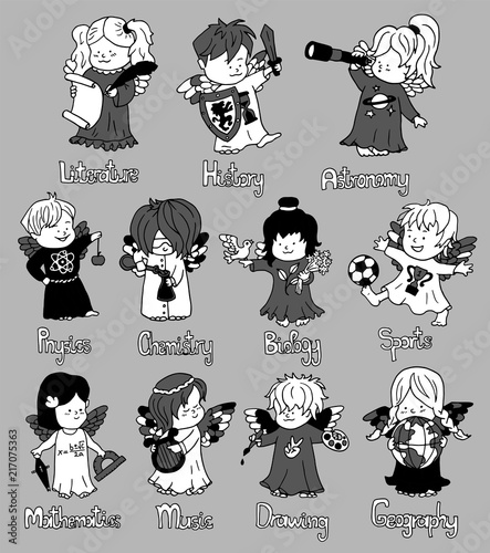 Design set with funny little angels in science costumes. Back to school vector illustration, September 1, knowledge day and science concept, doodle line art drawings
