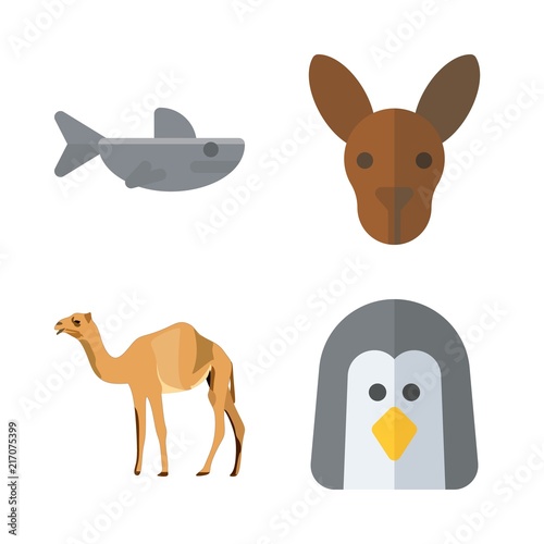 animals vector icons set. shark, camel, penguin and kangaroo in this set