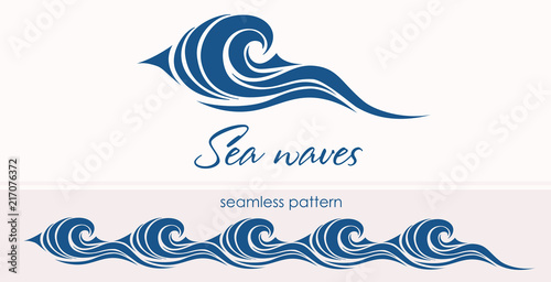 Marine seamless pattern with stylized waves on a light backgroun © orhideia
