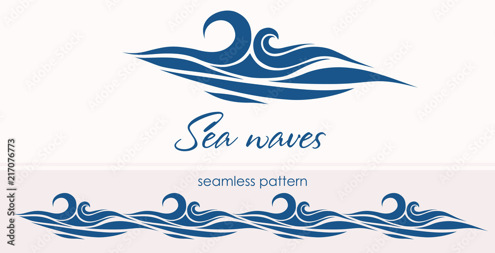 Marine seamless pattern with stylized waves on a light backgroun Marine seamless pattern with stylized waves on a light backgroun