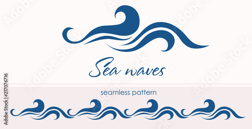 Marine seamless pattern with stylized waves on a light backgroun