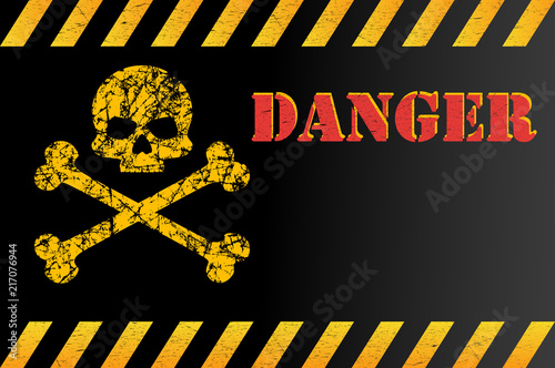 Warning sign of danger with skull, with space for text explanation. Effect, grunge, worn, scratched. Vector illustration for your design.