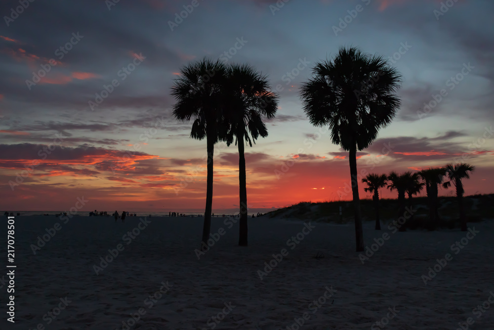 Silhouettes of beachgoers at sunset