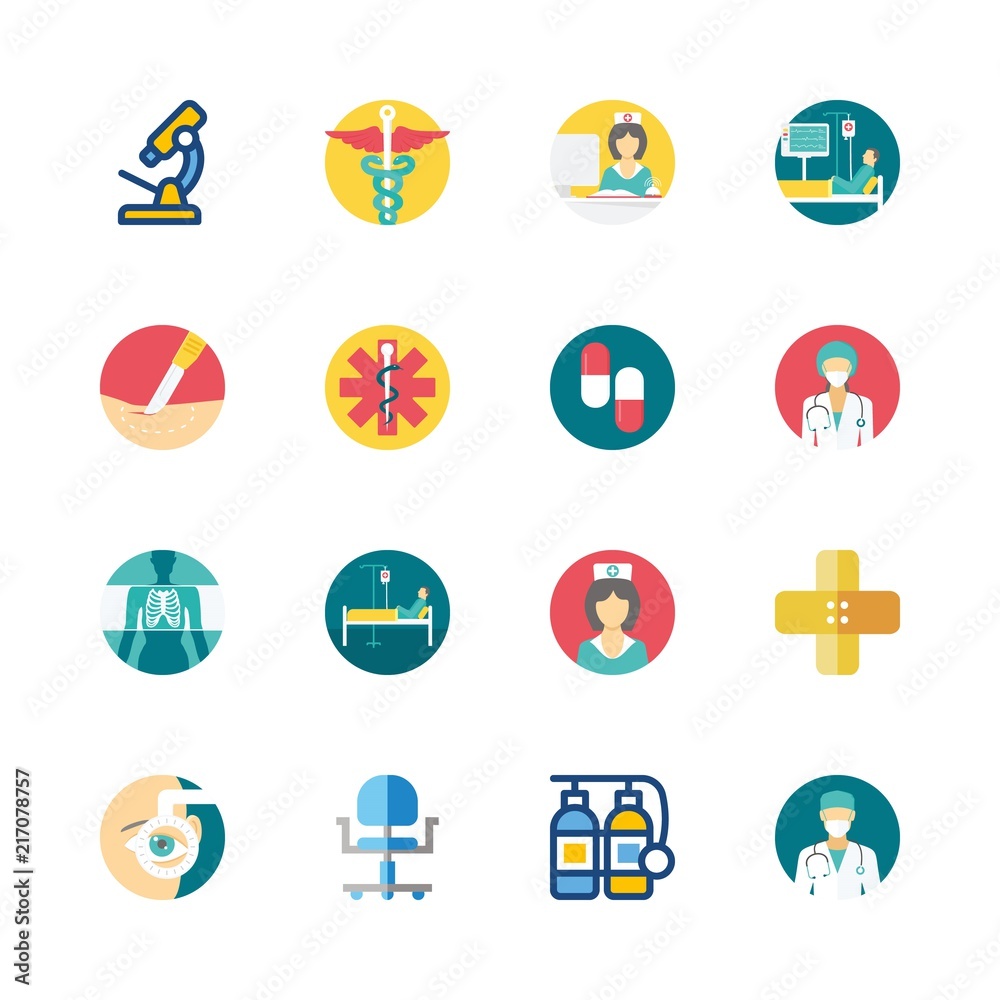 Fototapeta premium hospital vector icons set. oxygen tank, surgery, band aid and ophthalmology in this set