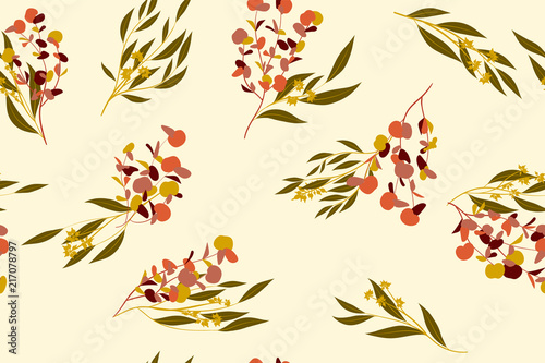 Tropical Seamless Pattern. Vector Eucalyptus Leaves and Beautiful Floral Elements. Botanical Summer Background. Elegant Tropical Seamless Pattern for Wedding Design, Print, Textile, Fabric, Wrapping.