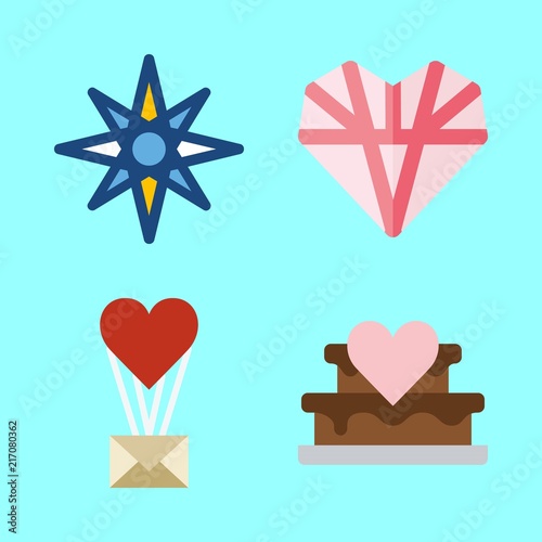 4 romance icons vector set. love letter, love, windrose and wedding cake