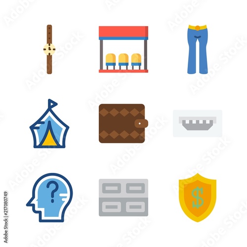 business vector icons set. watch, bus stop, wallet and tent in this set
