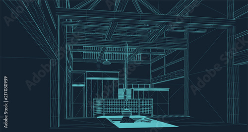 wire frame illustration of the interior of a Japanese pagoda ready for tea ceremony in virtual reality