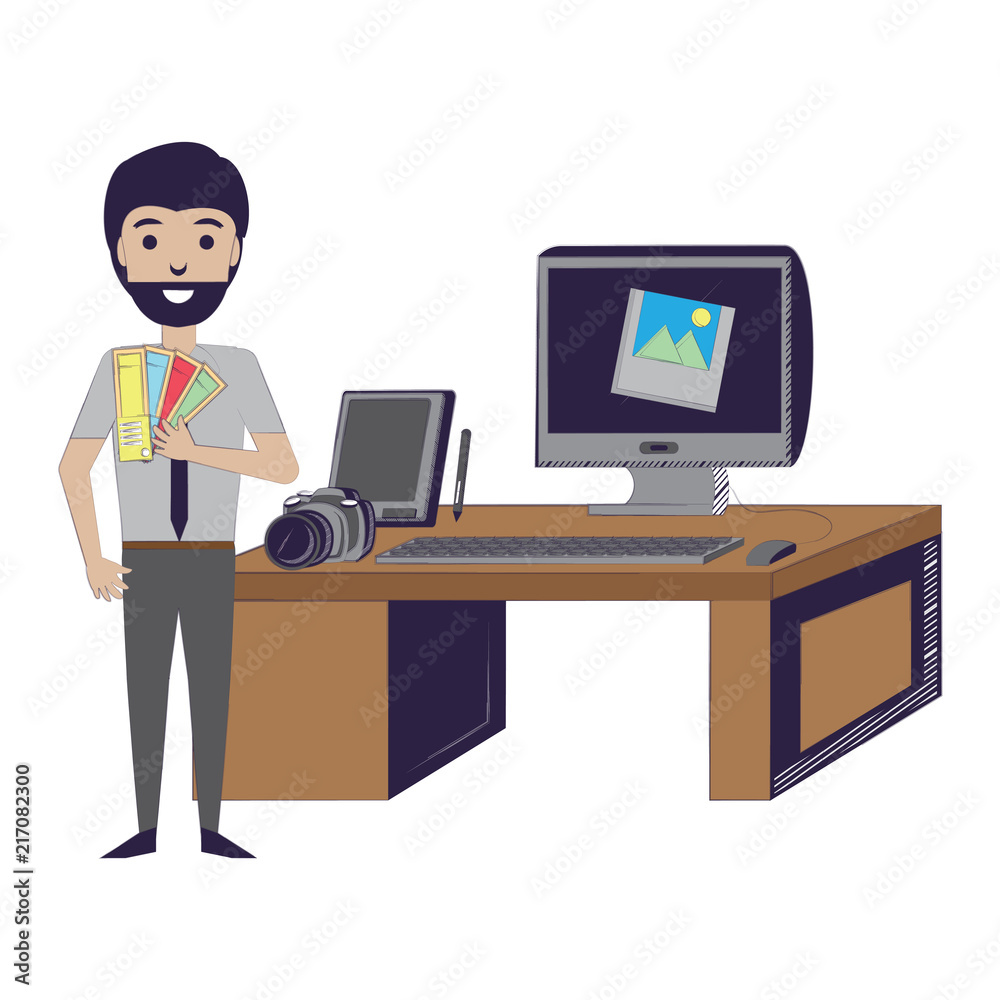 office with designer man and desk with computer and camera over white background, vector illustration office with designer man and desk with computer and camera over white background, vector illustration