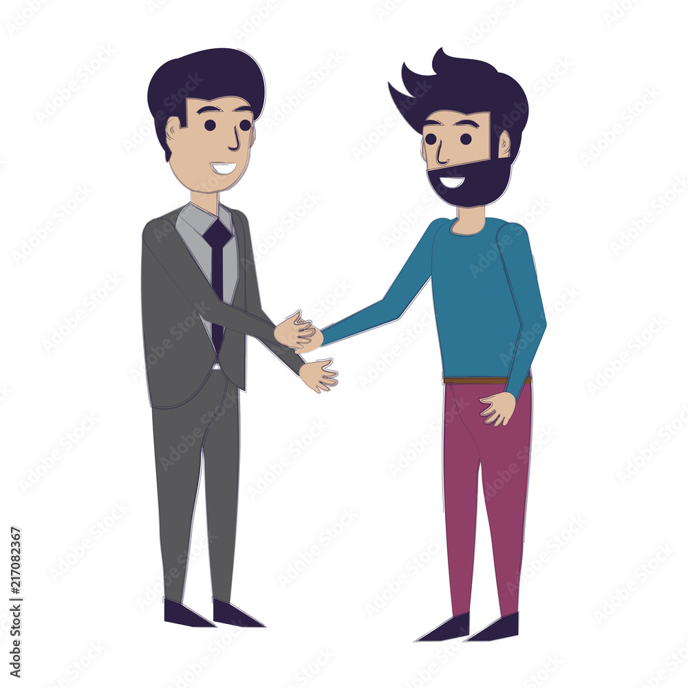Businessman and man shaking hands firmly over white background, vector illustration Businessman and man shaking hands firmly over white background, vector illustration