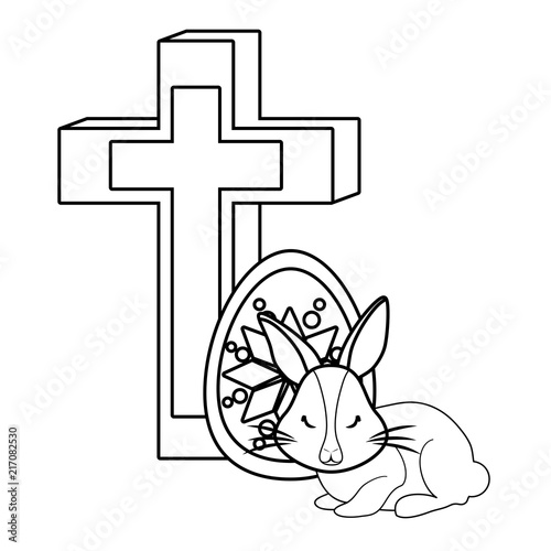happy easter design with religious cross with cute bunny and easter eggs over white background, vector illustration