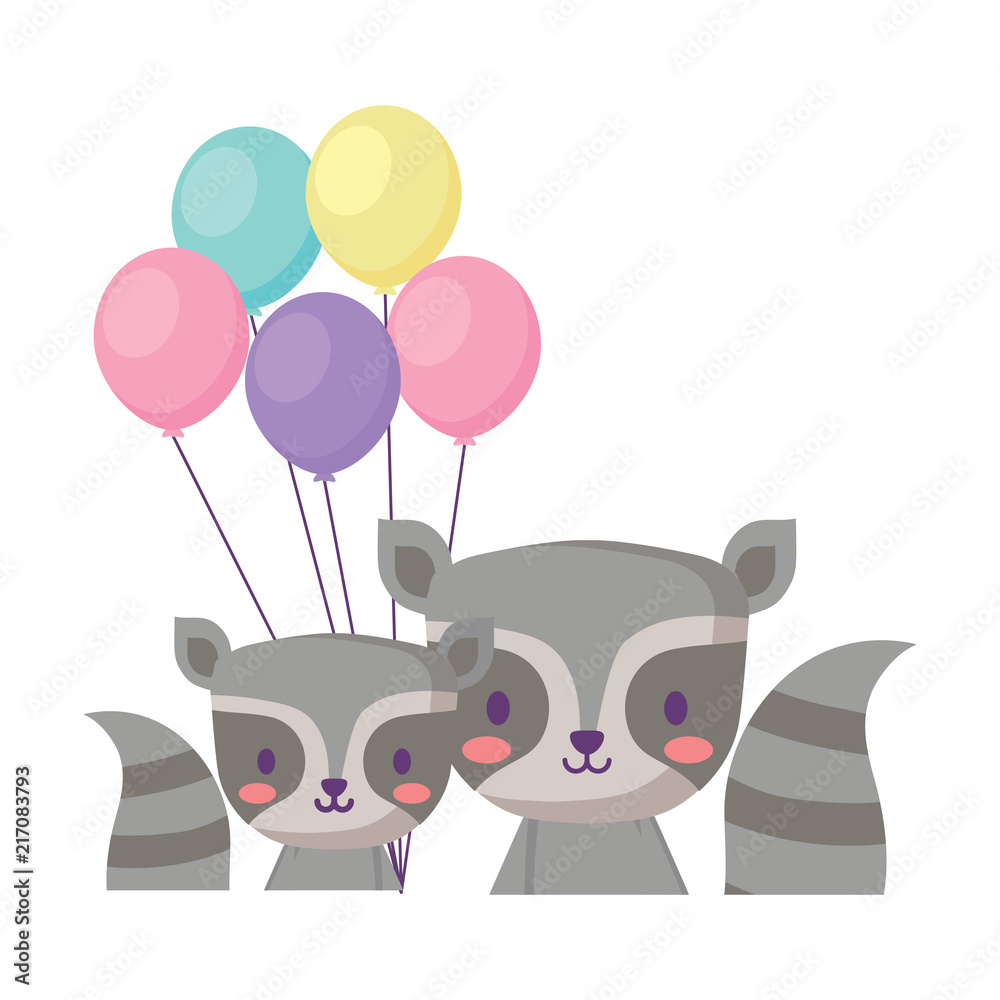 balloons and cute raccoons over white background, vector illustration