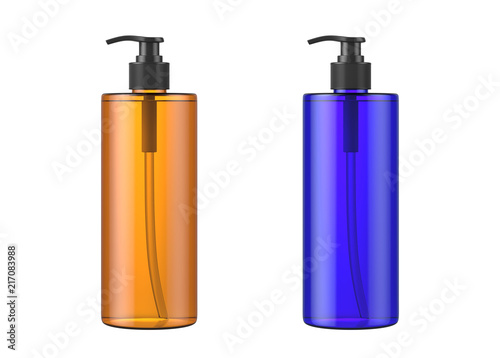 Brown and Blue cosmetic bottles isolated on white background, 3D rendering