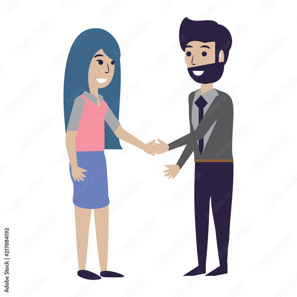Businessman and woman shaking hands firmly over white background, vector illustration Businessman and woman shaking hands firmly over white background, vector illustration