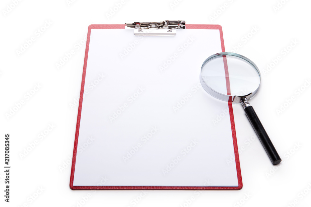 clipboard with magnifier, pen isolated white clipboard with magnifier, pen isolated white