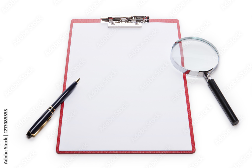 clipboard with magnifier, pen isolated white clipboard with magnifier, pen isolated white