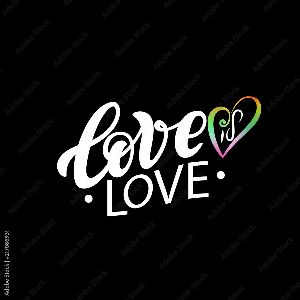 Gay Lettering. Conceptual poster with LGBT rainbow hand lettering for print materials and design elements. Colorful glitter handwritten phrase Love is Love isolated on black background. Vector