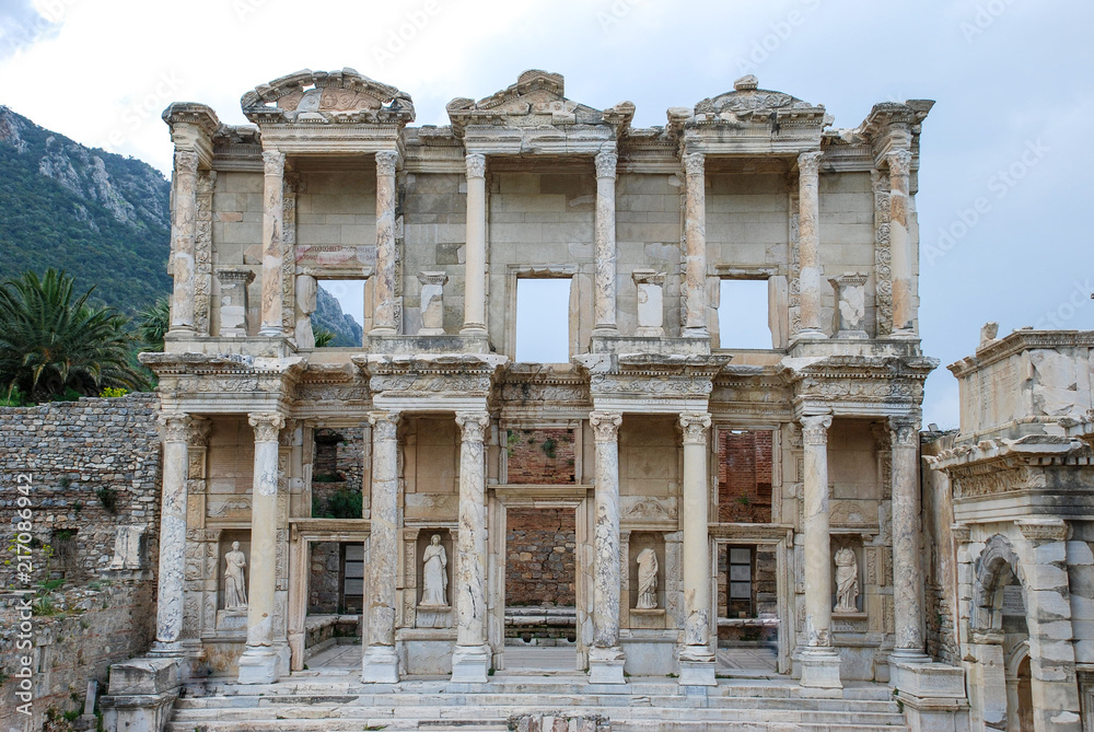 Facade of the Library of Celsus in Selcuk, izmir, Turkey.