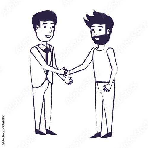 Businessman and man shaking hands firmly over white background, vector illustration