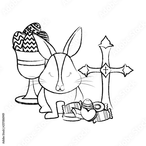 religious cross with cute rabbit and holy grail with candies over white background, vector illustration
