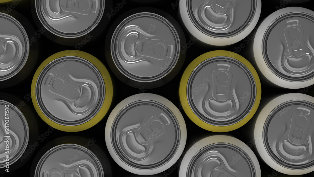 Big black, white and yellow soda cans on black background Big black, white and yellow soda cans on black background