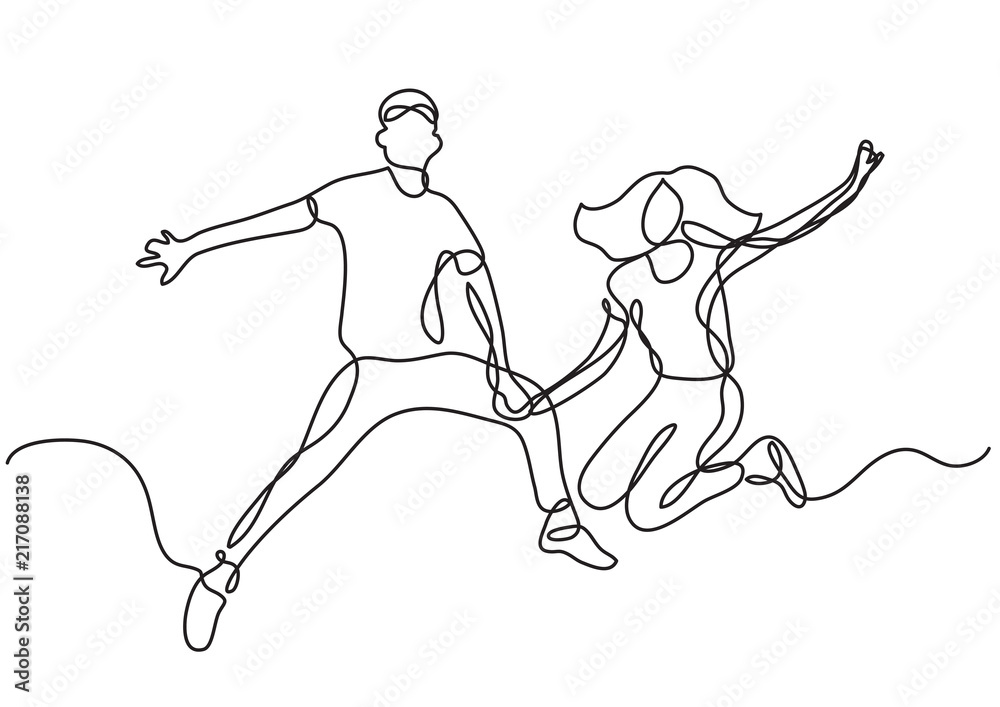continuous line drawing of happy young couple jumping