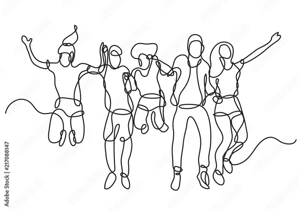 continuous line drawing of happy group of students jumping continuous line drawing of happy group of students jumping