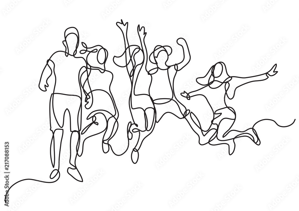 continuous line drawing of happy jumping group of youth - obrazy, fototapety, plakaty 