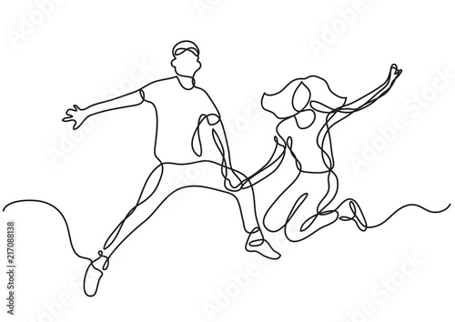 continuous line drawing of happy young couple jumping
