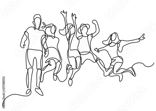 continuous line drawing of happy jumping group of youth photo