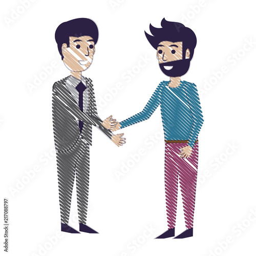 Businessman and man shaking hands firmly over white background, vector illustration