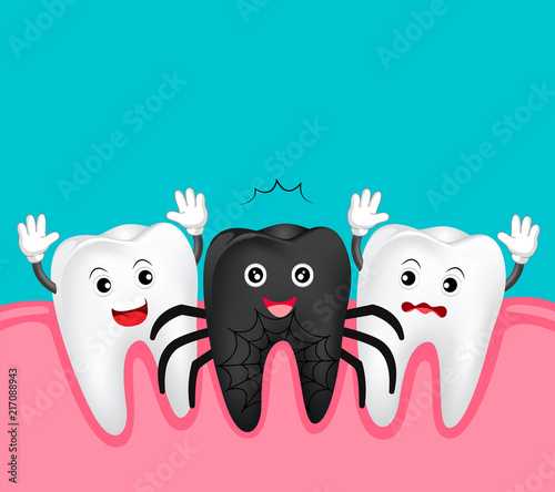 Cute cartoon tooth character. Black spider, happy Halloween concept. Illustration isolated on blue background.